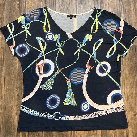 Rinatti Collection Navy Blue Printed Oversized V Neck Relaxed Fit Viscose Top 3L - Picture 5 of 10